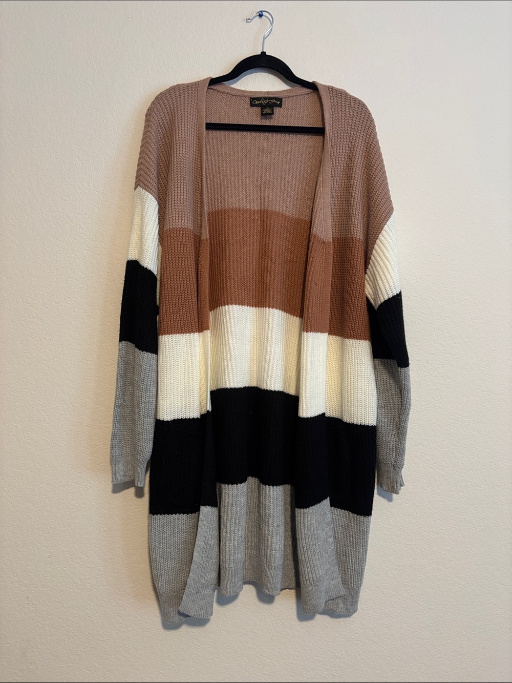 Colorblock Open Cardigan in Brown, Cream, Black & Gray